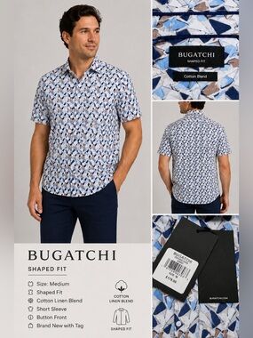 Bugatchi Shaped Fit Cotton Linen Blend Button Front Shirt Blue Medium NWT
